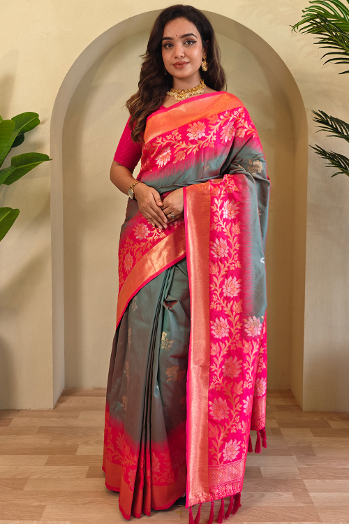 Dark Grey Weaved Silk Blend Broad Border Saree