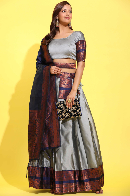 Dark Grey Weaved Zari Casual Wear Flared Style Silk Lehenga
