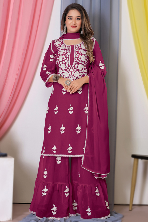 Dark Magenta Pink Georgette Embroidered Sharara Suit