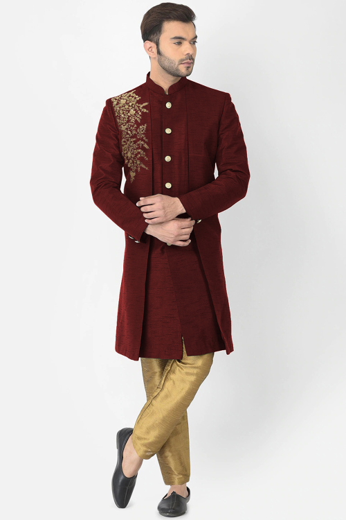 Dark Maroon Art Silk Embroidered Jacket Style Men's Sherwani
