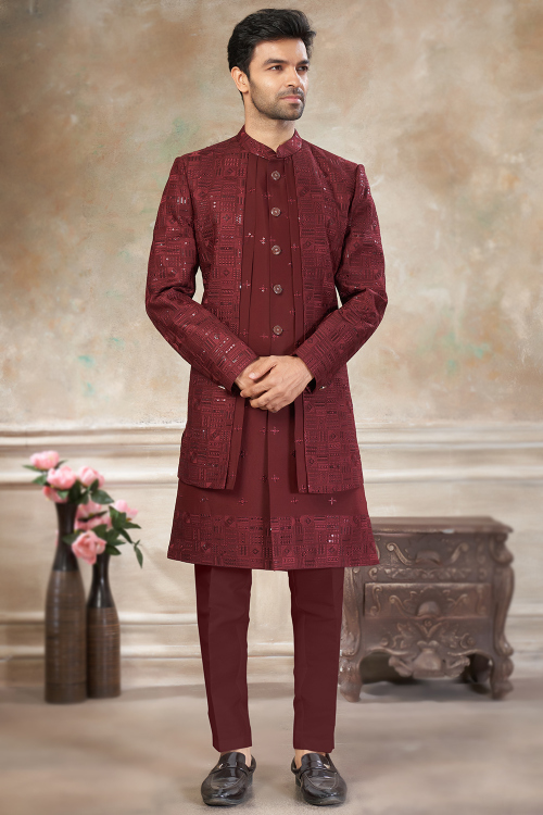 Dark Maroon Art Silk Embroidered Jacket Style Men's Sherwani 