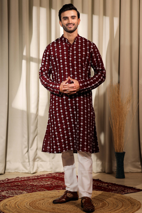 Dark Maroon Art Silk Embroidered Men's Kurta Pajama