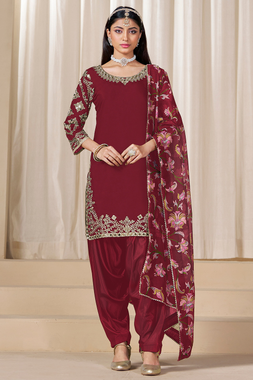 Dark Maroon Art Silk Patiala Salwar Suit With Zari Work