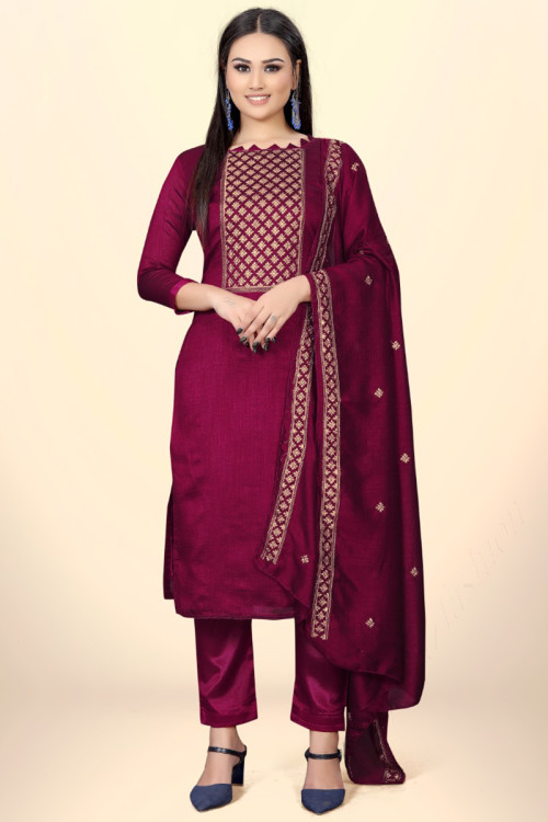 Embroidered Cotton Silk Salmon Pink Straight Cut Suit