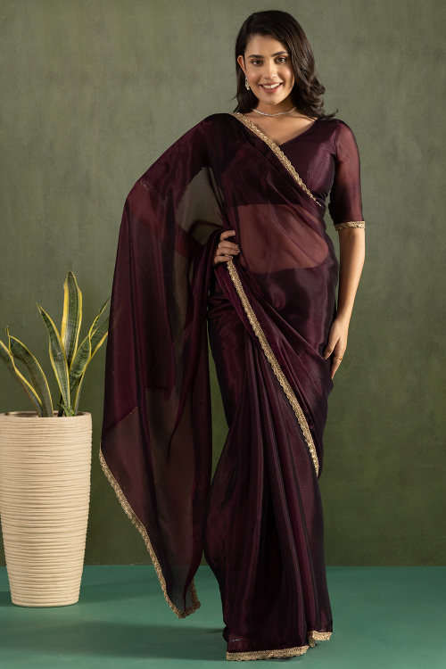 Dark Maroon Chiffon Shimmer Saree With Dori Work For Festival