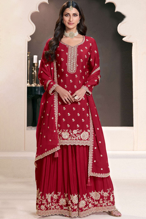 Dark Maroon Chinnon Sharara Suit With Sequins Work For Diwali