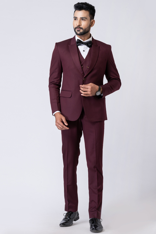 Dark Maroon Contemporary Men's Poly Cotton Tuxedo Suit 