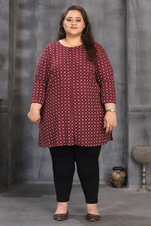 Dark Maroon Cotton Casual Wear Kurti With Printed Work
