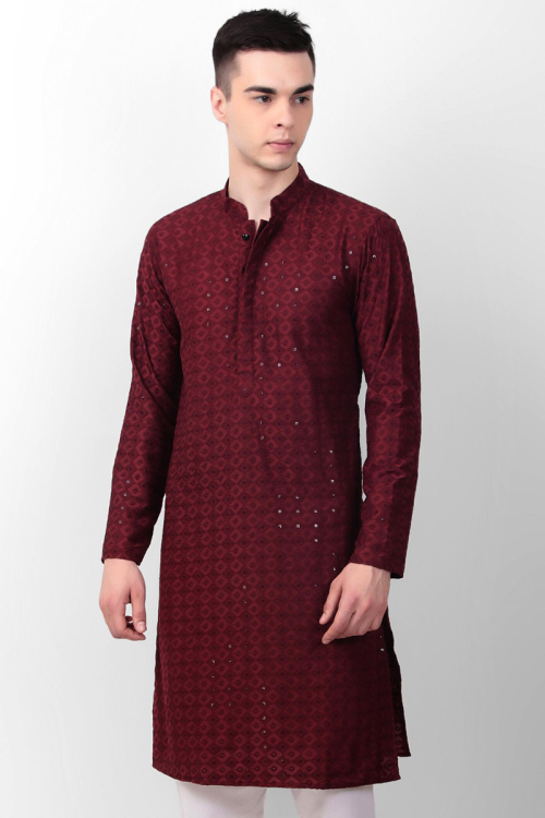 Buy ethluxis Mens Maroon Cotton Blend Punjabi Pathani Kurta