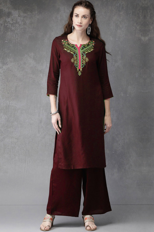 Dark Maroon Cotton Rayon Embroidered Trouser Suit
