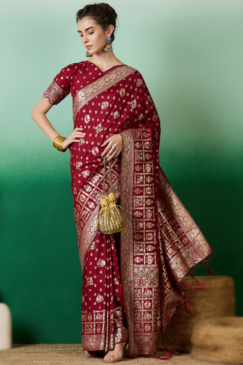Dark Maroon Cotton Silk Woven Zari Broad Border Saree