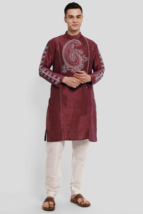 Dark Maroon Dupion Silk Foil Printed Men's Kurta Churidar