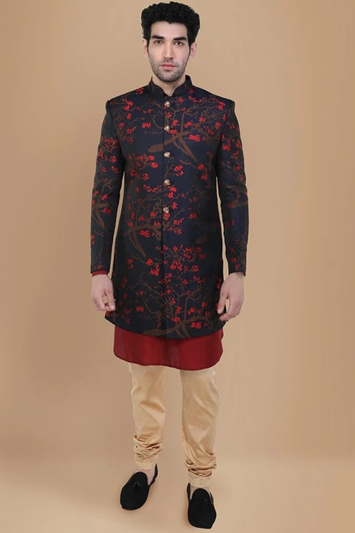 Dark Maroon Dupion Silk Men Sherwani