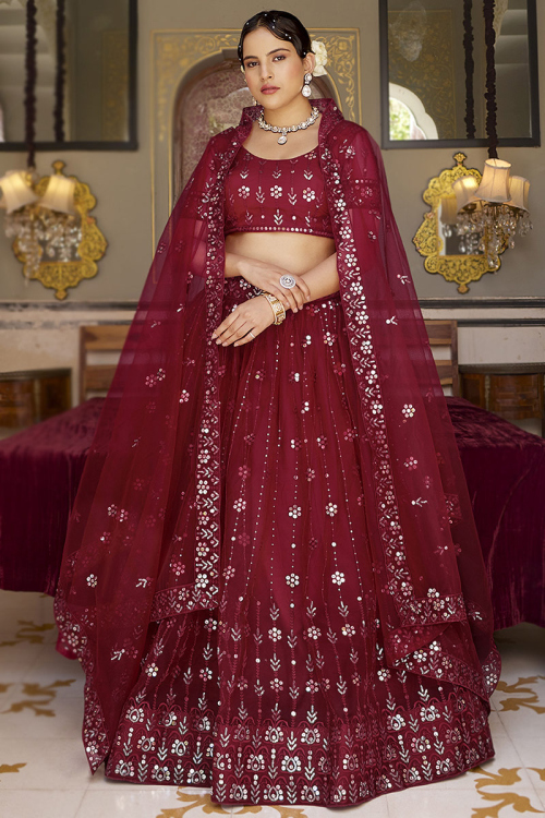 Dark Maroon Embroidered Net Flared Style Lehenga