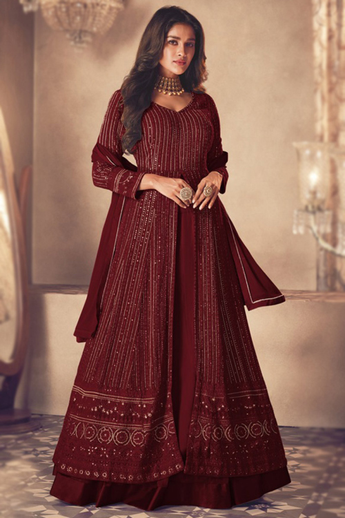 Dark Maroon Georgette A Line Lehenga