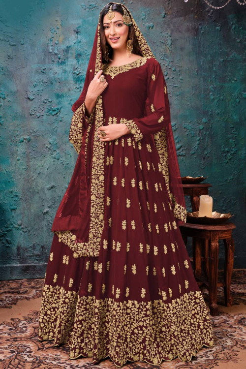 Georgette Dark Maroon Zari Embroidered Anarkali Suit for Wedding 