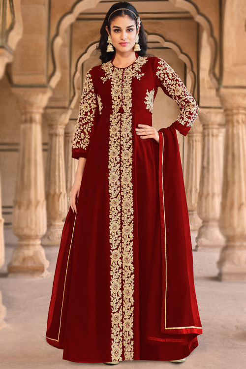 Gorgeous Maroon Color Georgette With Sequence Work Gown
