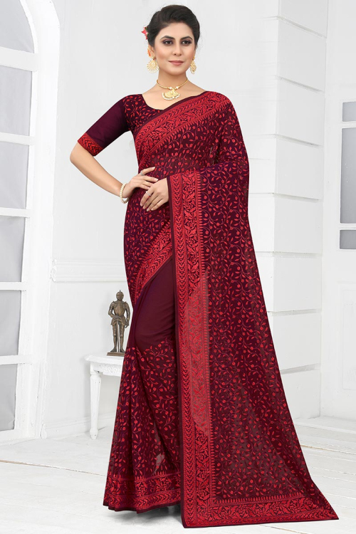 Georgette Saree in Dark Maroon colour with Resham Work for Party 