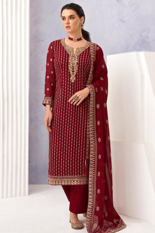 Dark Maroon Georgette Embroidered Straight Cut Trouser Suit