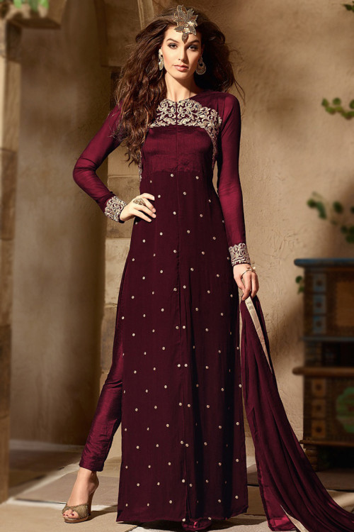 Dark Maroon Georgette Embroidered Suit With Cigarette Pants 