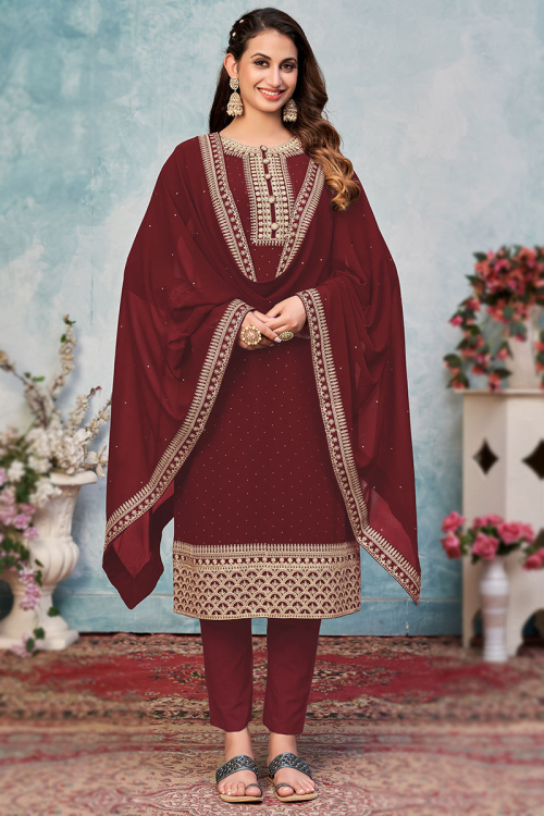 Dark Maroon Party Wear Dori Embroidered Trouser Suit in Georgette