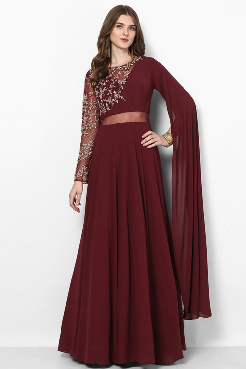 Buy Maroon Zari Woven Cotton Gown With Dupatta Online At Zeel Clothing