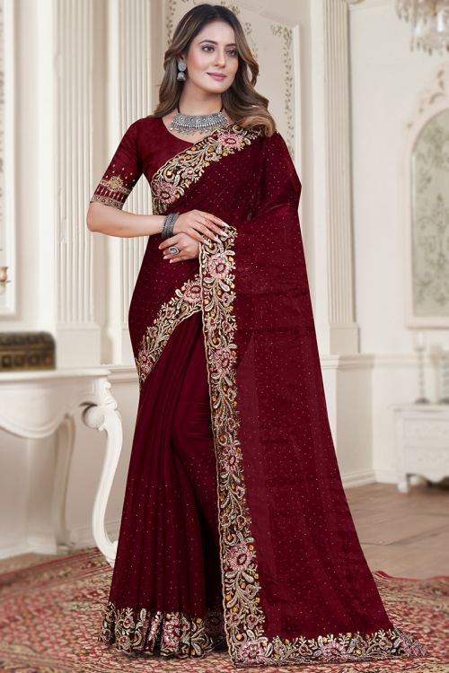 Dark Maroon Georgette Stone Embroidered Heavy Saree