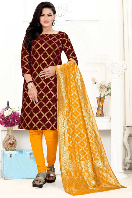 Jacquard Churidar Suit with Zari Work in Dark Maroon for Party 