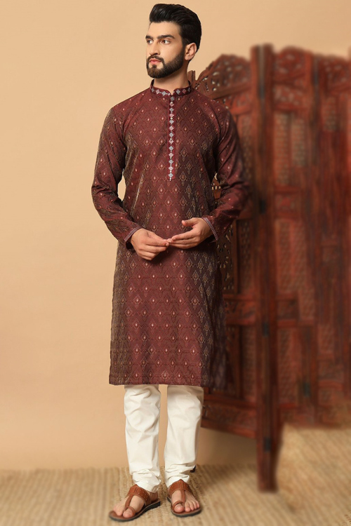 Dark Maroon Jacquard Weaved Thread Work Mens Kurta Churidar