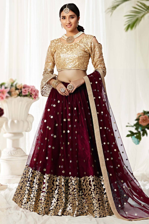 Party Wear Sequins Embroidered Dark Maroon Lehenga in Net