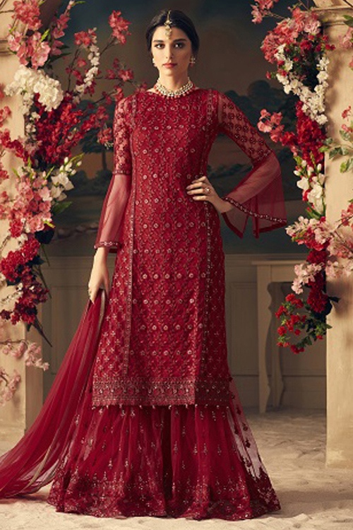Dark Maroon Net Sharara Suit With Zari Work For Diwali