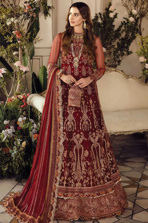 Dark Maroon Organza Embroidered A Line Anarkali Suit 