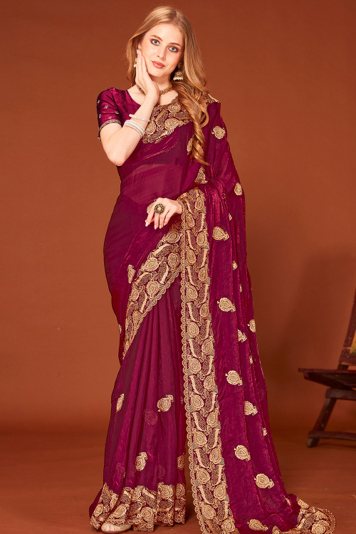 Dark Maroon Organza Silk Embroidered Shimmer Saree For Festival
