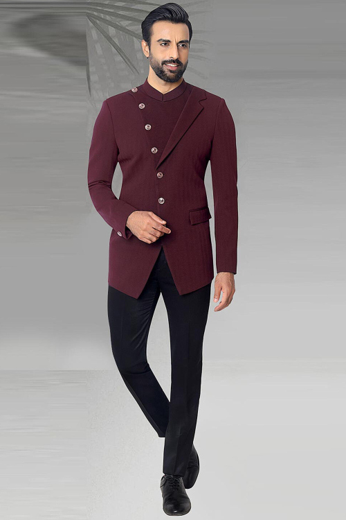 Dark Maroon Plain Rayon Jodhpuri Style Men's Suit