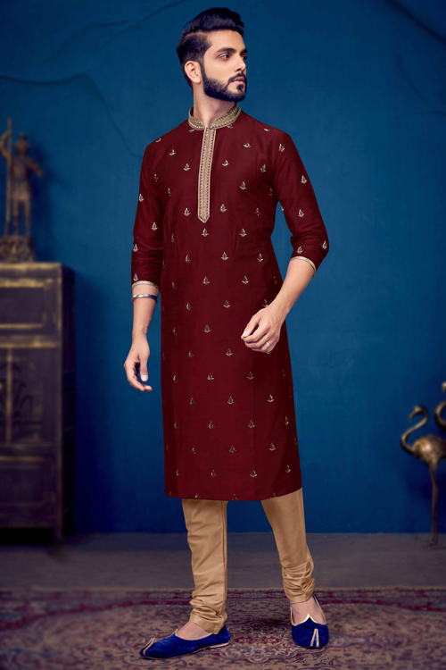 Dark Maroon Poly Cotton Embroidered Men's Kurta With Churidar
