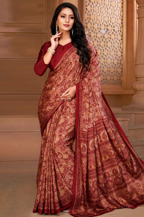 Dark Maroon Printed Crepe Saree For Casual Wear