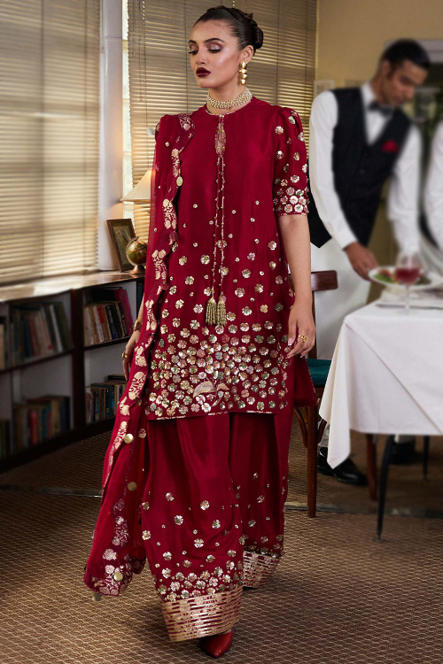 Dark Maroon Raw Silk Palazzo Suit with Zari Work for Party