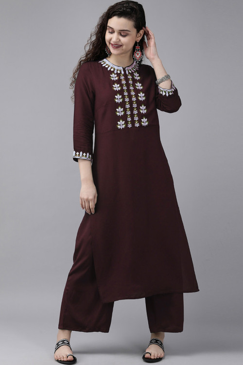 Dark Maroon Rayon Embroidered Trouser Suit