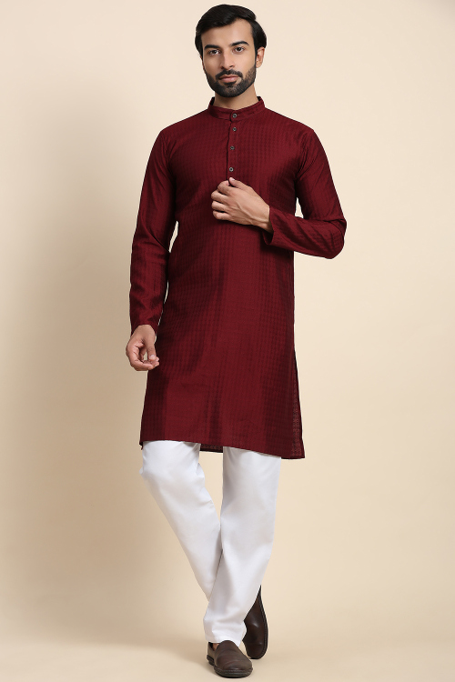 Dark Maroon Rayon Plain Straight Cut Men's Kurta Pajama 