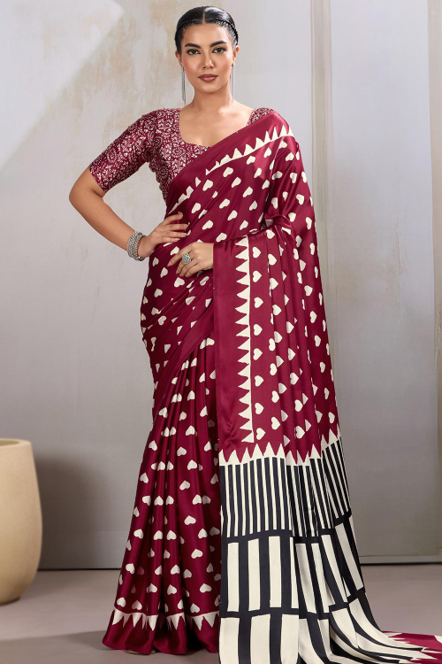 Dark Maroon Satin Printed Light Weight Saree 
