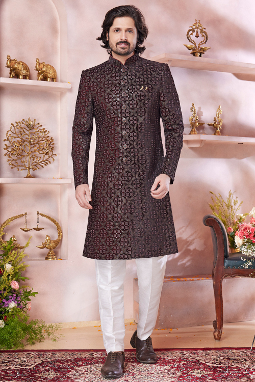 Dark Maroon Silk Blend Men's Sherwani with Embroidered for Wedding