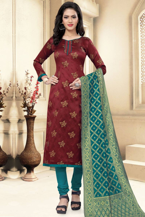 Churidar Traditional Suit in Silk Dark Maroon for Party 