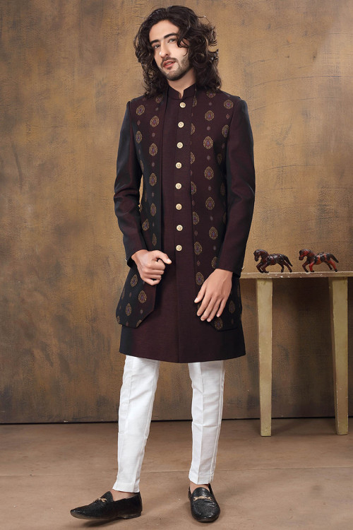 Dark Maroon Silk Indo-Western Men Plain Sherwani With Woven Zari Jacket