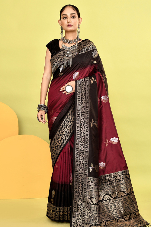 Dark Maroon Soft Silk Saree With Weaved Work For Festival