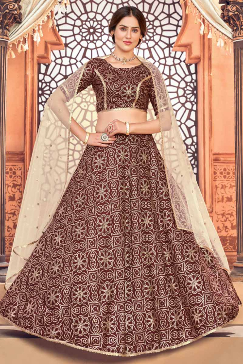 Dark Maroon Taffeta Silk A Line Wedding Wear Lehenga