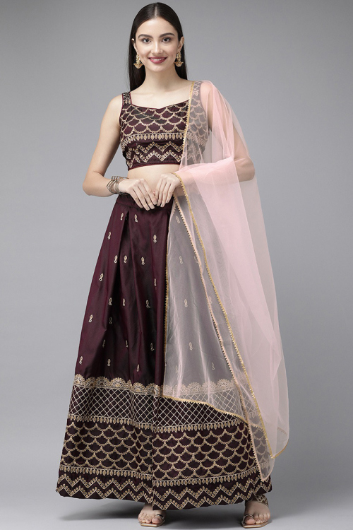 Party Wear Dori Embroidered Dark Maroon Lehenga in Taffeta Silk