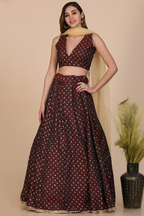 Dark Maroon Taffeta Silk Foil Printed Lehenga