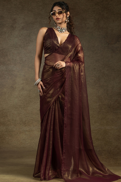 Dark Maroon Tissue Saree with Shimmer for Diwali