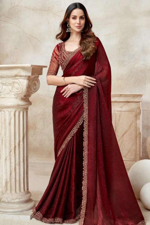 Dark Maroon Tissue Silk Saree With Sequins Work For Diwali