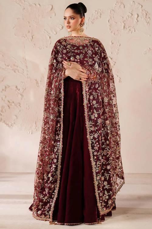 Dark Maroon Velvet Anarkali Gown with Embroidered Dupatta